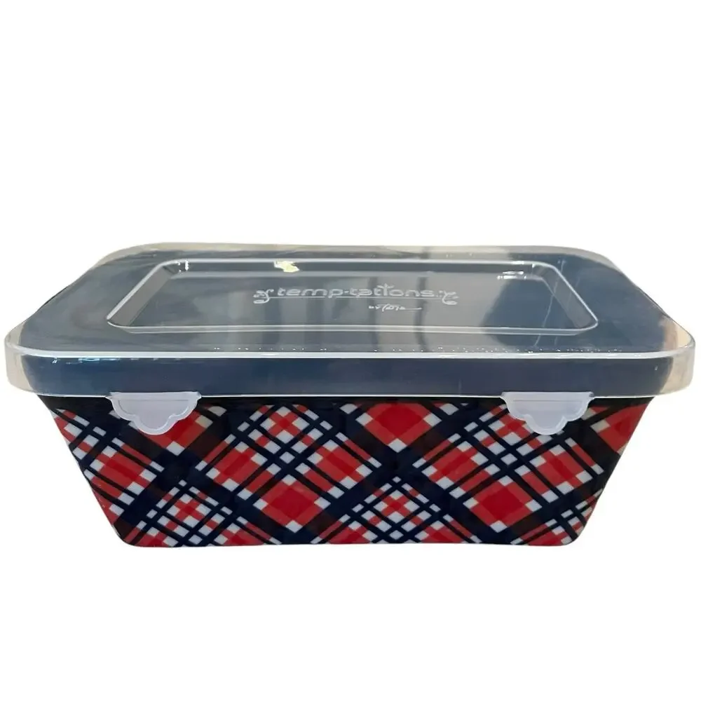 Temptations by Tara Mini Ceramic Loaf Pan w/ Lid 12oz Holiday Plaid Bakeware NEW